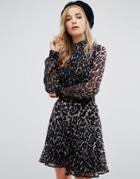 New Look High Neck Leopard Print Pleated Dress - Black