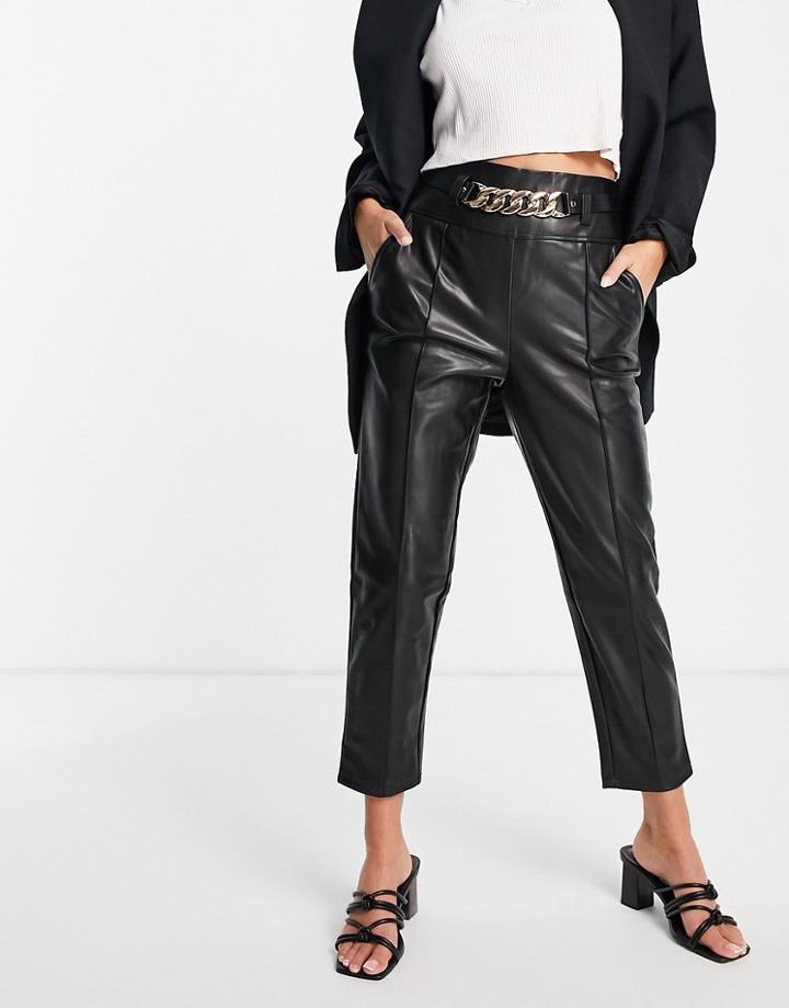 River Island Chain Belted Faux Leather Peg Pants In Black