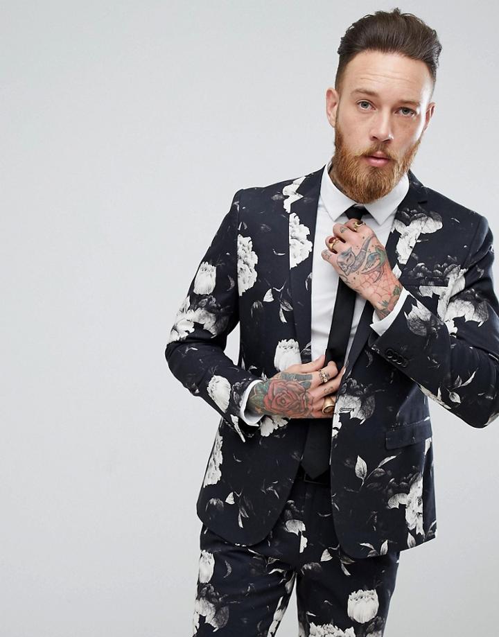 Asos Skinny Suit Jacket In Black Photographic Print - Black