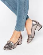 Office Monty Buckle Fringe Metallic Mid Heeled Loafers - Silver