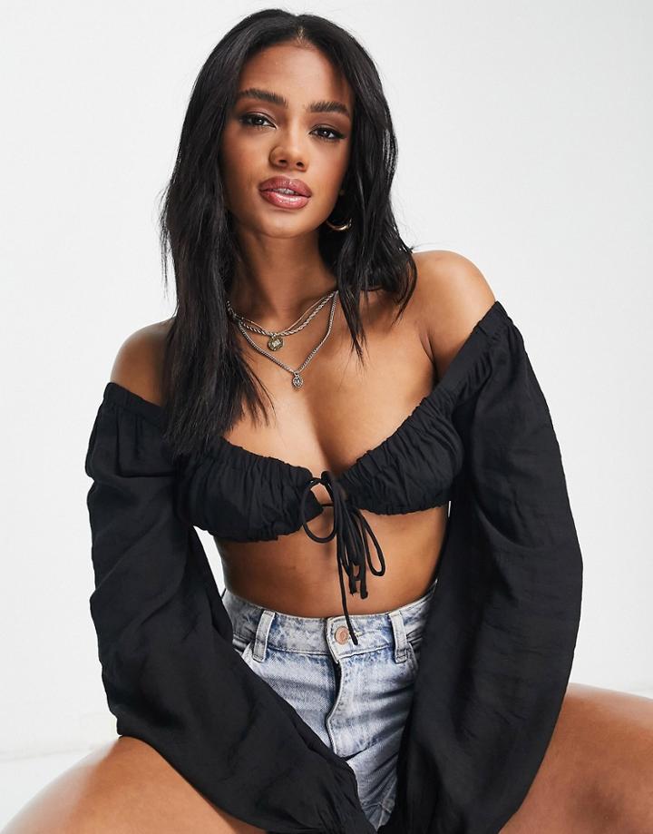 Parallel Lines Volume Sleeve Tie Front Top In Black