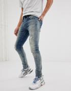 Chasin' Ego Bantry Rip & Repair Paint Splat Slim Jean In Mid Wash - Blue