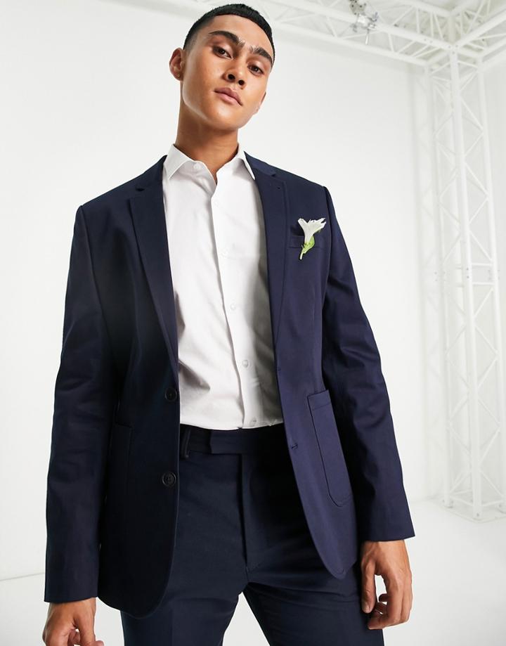 Asos Design Wedding Skinny Blazer In Cotton In Navy