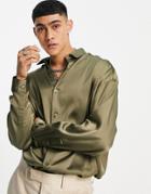 Asos Design Drop Shoulder Oversized Satin Shirt With Curved Hem In Khaki-green