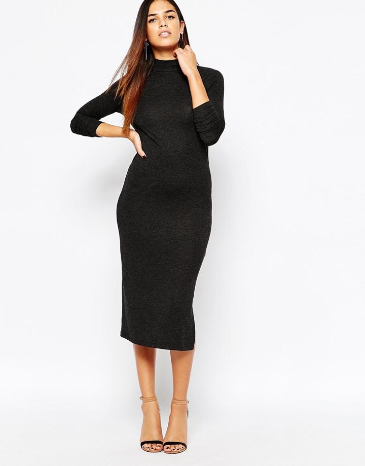 Warehouse Turtleneck Column Midi Dress - Charcoal