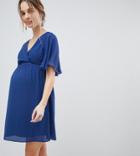 Asos Maternity Flutter Sleeve Cross Over Mini Dress-navy
