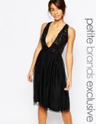 John Zack Petite Plunge Front Sequin Bodice Prom Dress - Black