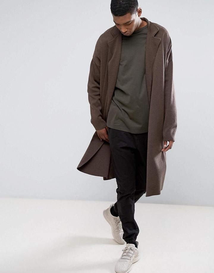 Asos Longline Knitted Duster Jacket In Light Brown - Brown