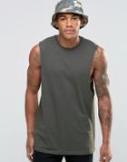 Asos Longline Sleeveless T-shirt With Dropped Armhole In Khaki - Khaki