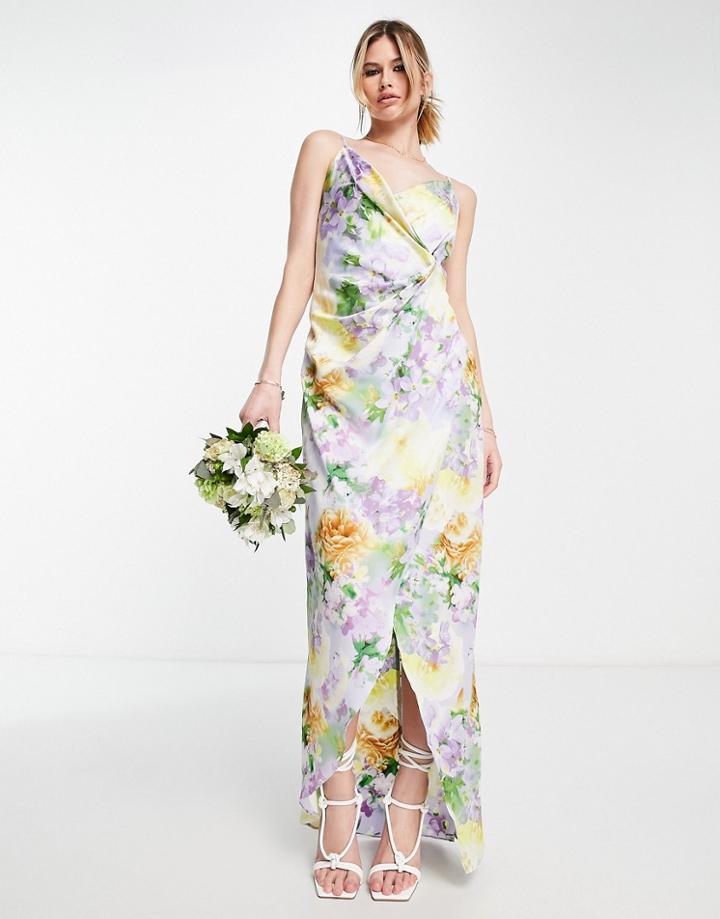 Liquorish Bridesmaid Cami Strap Satin Wrap Maxi Dress In Soft Washed Pastel Floral-multi