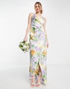 Liquorish Bridesmaid Cami Strap Satin Wrap Maxi Dress In Soft Washed Pastel Floral-multi