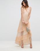 Asos Dobby Mesh Ruffle Cut-about Maxi Dress - Beige