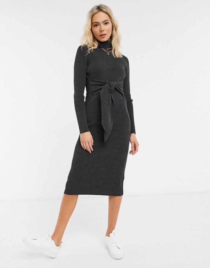 Asos Design High Neck Dress With Tie Waist Detail-grey