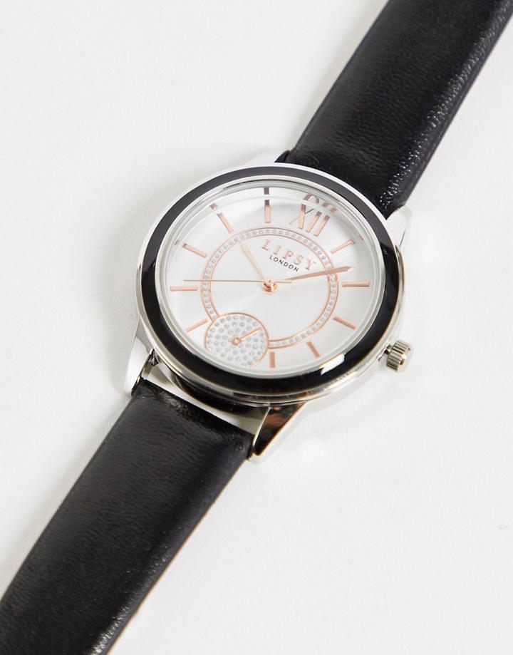 Lipsy Leather Strap Watch With Rhinestone Face Detail In Black