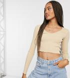 Collusion Long Sleeve Lettuce Edge Top In Sand-neutral