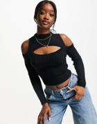 Topshop Knitted Fg Cold Shoulder Top In Black