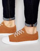 Asos Lace Up Sneakers In Tan Faux Suede With Toe Cap - Tan