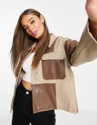 Asos Design Paneled Leather Look Jacket In Brown-multi