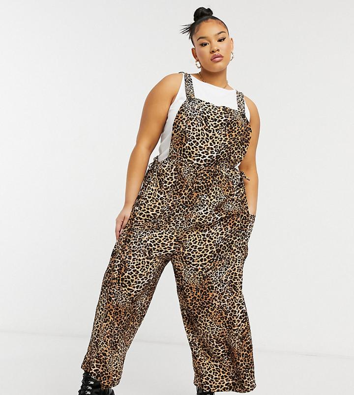 Asos Design Curve Tie Side Overalls In Natural Animal Print-multi