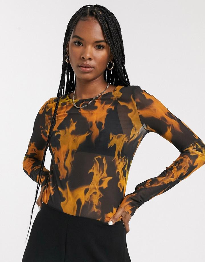 Weekday Cameron Flame Print Mesh Long Sleeve T-shirt In Multi