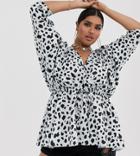 Asos Design Curve Batwing Sleeve Top With Tie Waist In Pebble Print-multi