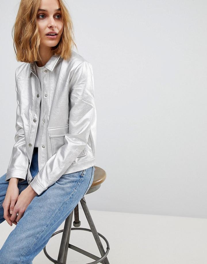 Resume Agnes Metallic Leather Look Trucker Jacket - Silver