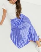 Asos Design Column Pleated Satin Midi Skirt In Blue-multi