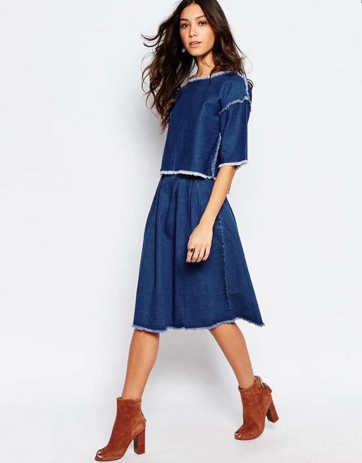 First & I Raw Hem Denim Midi Skirt - Medium Blue Denim