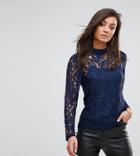 Fashion Union Tall High Neck Long Sleeve Top In Delicate Lace - Navy