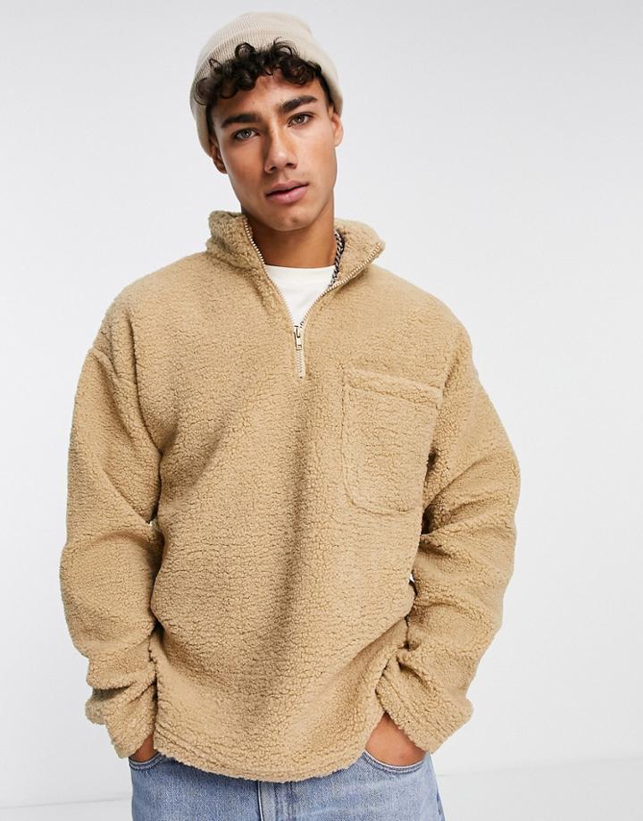 New Look Sherpa Zip Funnel Neck Sweatshirt In Stone-neutral