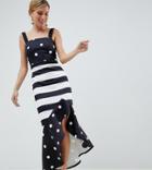 True Violet Hi-low Frill Midi Dress In Monochrome Print Mash Up-multi