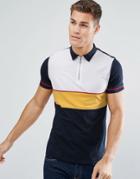 Asos Polo Shirt With Color Block And Ring Pull Zip Neck - Navy