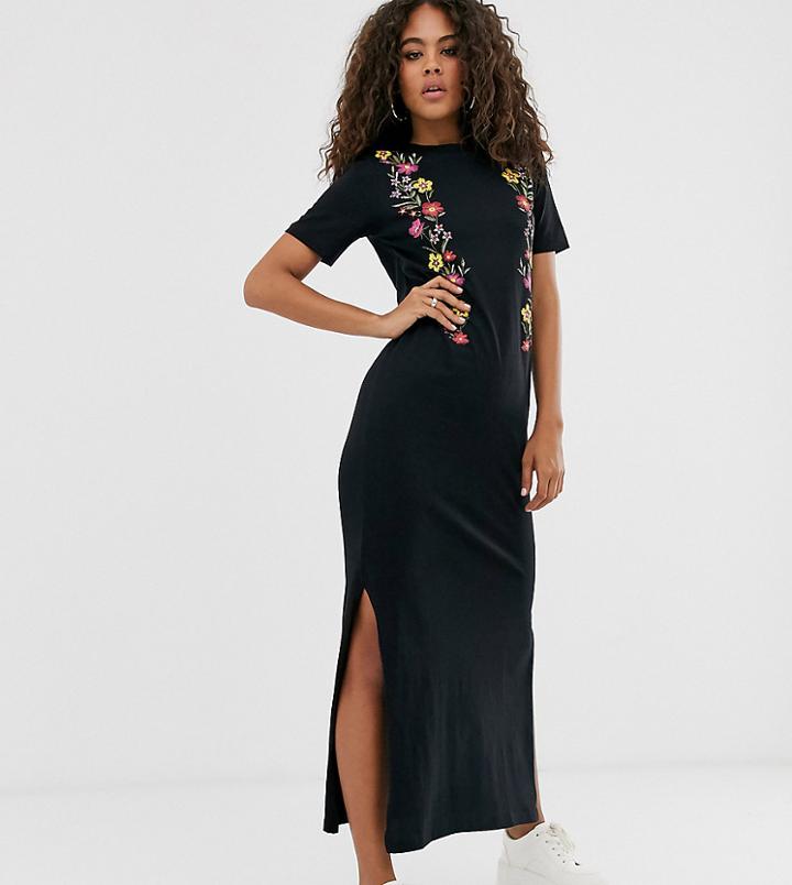 Asos Design Tall Printed Floral Midi T Shirt Dress-black