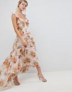 Asos Design Ruffle Maxi Dress In Rose Floral Print - Multi