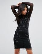Lipsy Embroidered Dress With Mesh Sleeves - Black