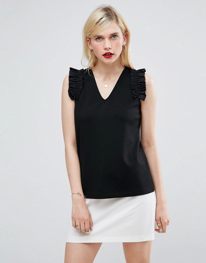 Asos Top In Ponte With Woven Ruffle Sleeve Detail - Black