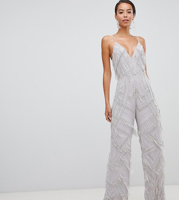 Asos Edition Tall Fringe & Pearl Embellished Jumpsuit With Wide Leg - Multi