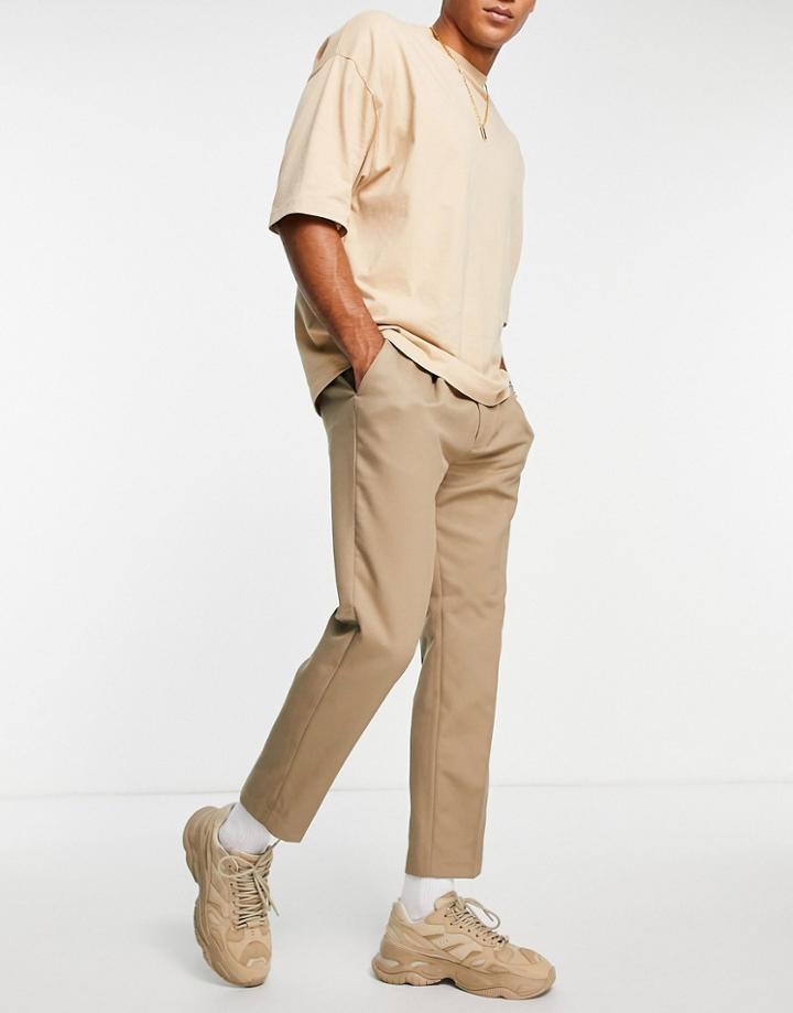 Topman Tapered Pronounced Twill Pants In Stone-neutral