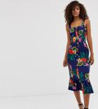 Influence Tall Button Through Midi Dress In Tropical Floral Print - Blue