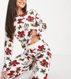 Chelsea Peers Tall Eco Poly Top And Sweatpants Set In Cream Retro Christmas Print-white