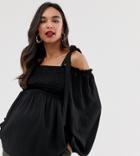 Asos Design Maternity Long Sleeve Shirred Front Top With Cold Shoulder-white