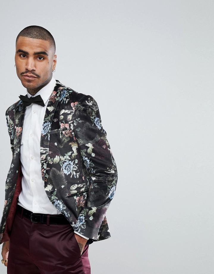 Asos Super Skinny Blazer In Black Velvet Pastel Floral Print - Black