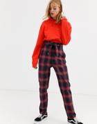 Heartbreak Paperbag Waist Tailored Pants In Navy And Red Check