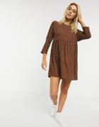 Asos Design Long Sleeve Smock Mini Dress In Polka Dot-multi