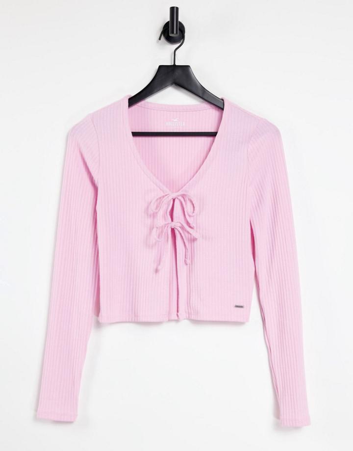 Hollister Tie Front Long Sleeve Top In Pink