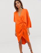 Asos Design Kimono Midi Dress In Satin With Asymmetric Sleeve-orange