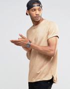 Asos Longline T-shirt With Roll Sleeve And Step Hem In Camel Pigment Dye - Tan