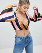 Prettylittlething Striped Flare Sleeve Crop Top - Multi