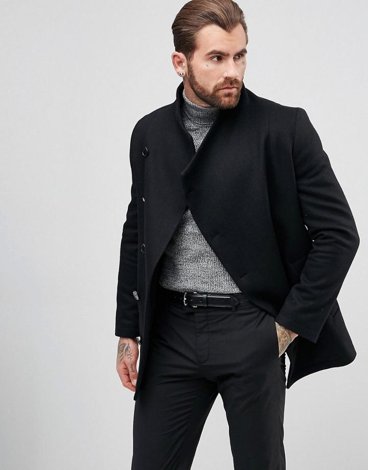 Religion Asymetric Button Short Overcoat - Black