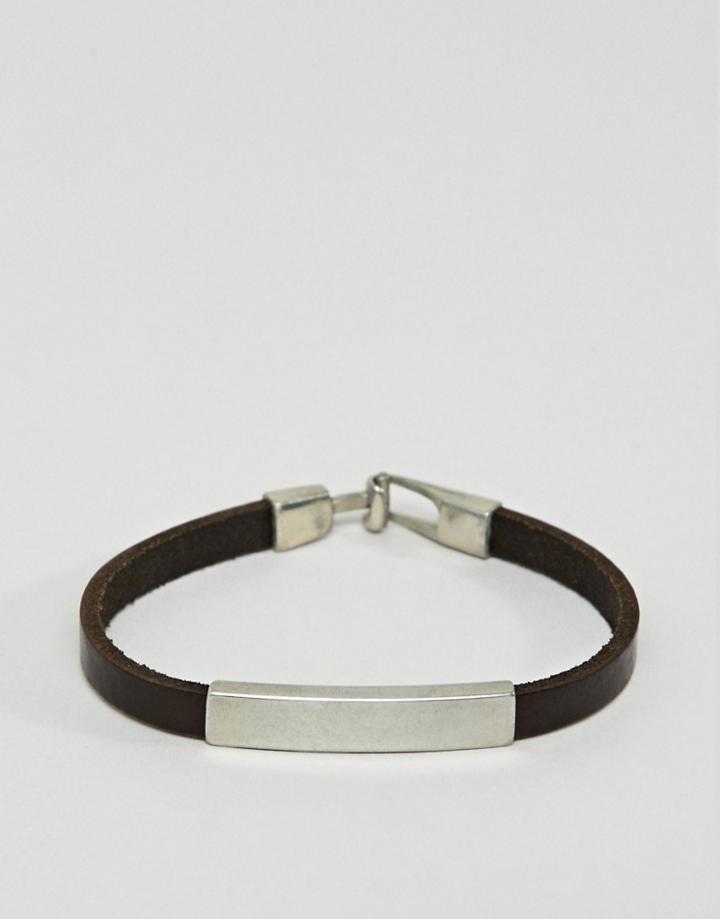 Asos Design Leather Bracelet With Brushed Silver Plate - Brown